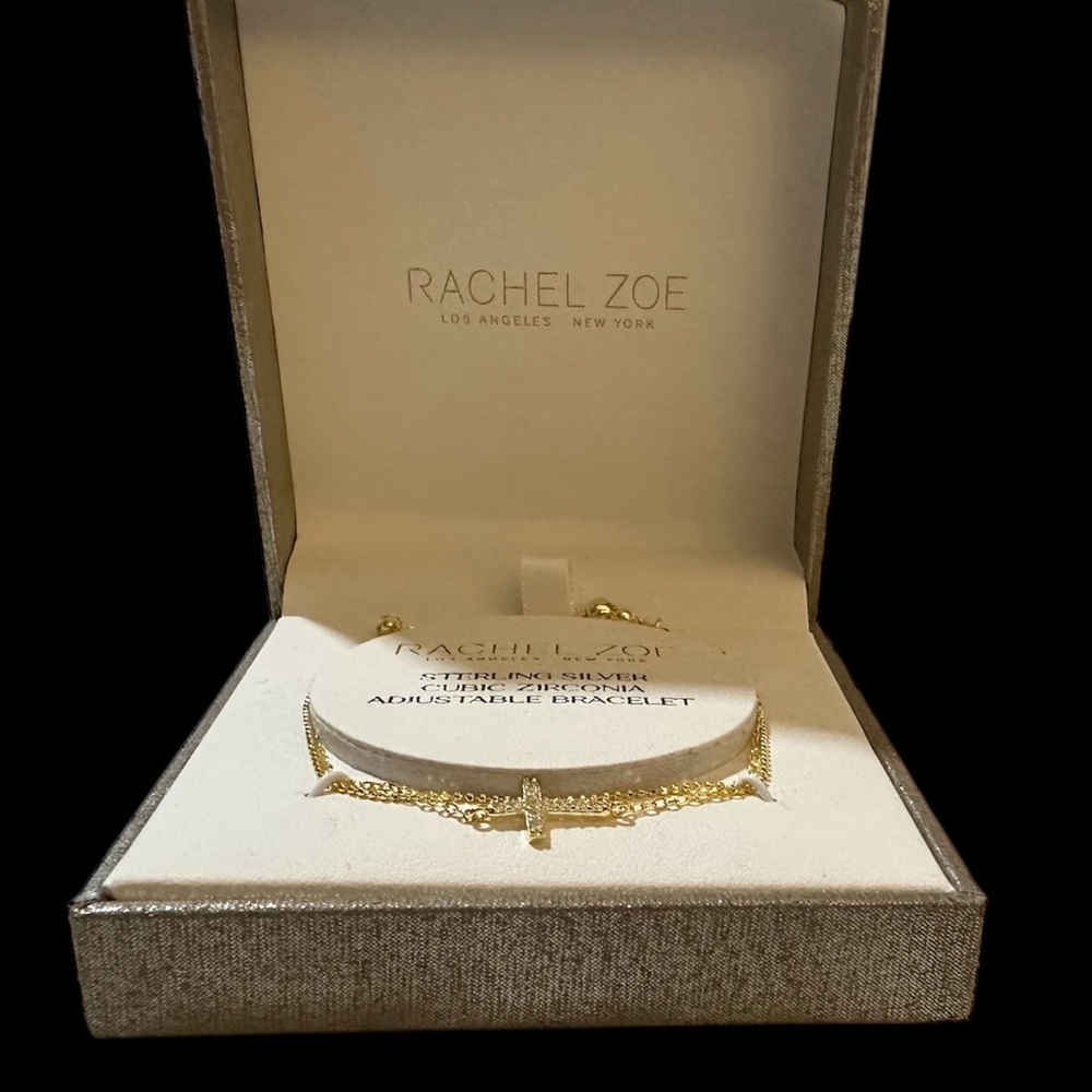 Rachel Zoe Adjustable Bracelet Cubic Zirconia Cross & Gold on Sterling Silver - Picture 5 of 5
